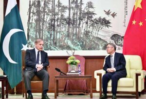 Prime Minister Muhammad Shehbaz Sharif meeting with the Chinese Ambassador to Pakistan, Jiang Zaidong during his visit of the Chinese Embassy.