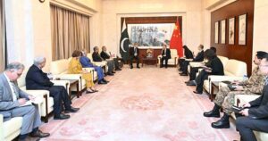 Prime Minister Muhammad Shehbaz Sharif meeting with the Chinese Ambassador to Pakistan, Jiang Zaidong during his visit of the Chinese Embassy.