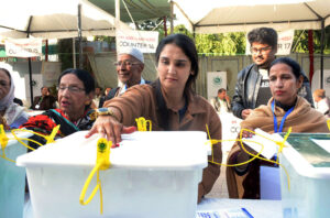 Members casting their votes in Arts Council of Pakistan Elections 2025-26 at Arts Council.