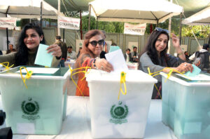 Members casting their votes in Arts Council of Pakistan Elections 2025-26 at Arts Council.