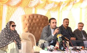 Chairman Pakistan People’s Party Bilawal Bhutto Zardari along with President PPP Women Wing Pakistan MPA Faryal Talpur talking to media persons after the inauguration of Ratodero Water Supply Scheme
