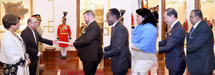 Ambassadors from Romania, Somalia, Nepal, Japan, and Bangladesh presenting their diplomatic credentials to President Asif Ali Zardari during a ceremony held at Aiwan-e-Sadr