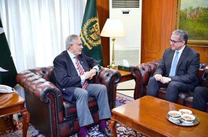 Egyptian candidate for Director General UNESCO, Dr. Khaled El-Enany called on Deputy Prime Minister and Foreign Minister Senator Muhammad Ishaq Dar at Ministry of Foreign Affairs.