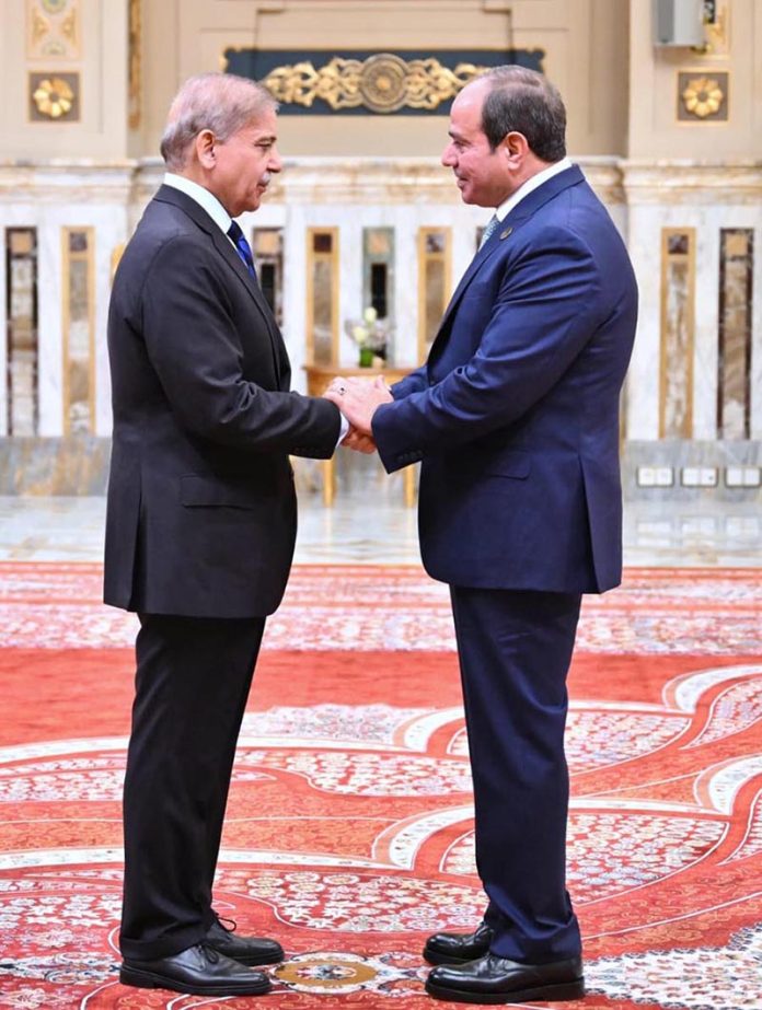 Prime Minister Muhammad Shehbaz Sharif meets with President of Egypt H.E. Abdel Fattah El-Sisi on the sidelines of 11th D-8 Summit