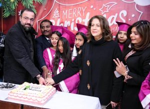 Federal Minister for Religious Affairs and Inter-Faith Harmony Chaudhary Salik Hussain cutting cake on Christmas event today at National Press Club
