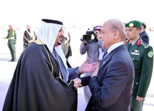 Deputy Governor of Riyadh Prince Muhammad bin Abdul Rehman bin Abdul Aziz receives Prime Minister Muhammad Shehbaz Sharif upon his arrival in Saudi Arabia.