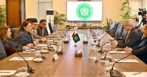 Coordinator to the Prime Minister for Climate Change, Romina Khurshid Alam meeting with a delegation led by former Prime Minister of Norway, Kjell Magne Bondevik during his visit to her office.