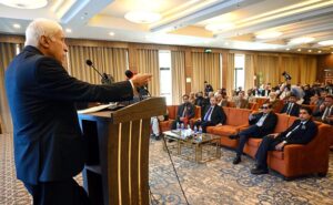 Federal Minister for Maritime Affairs Qaiser Ahmed Sheikh addresses the National Workshop on the Promotion of Aquaculture in Pakistan Ministry of Maritime Affairs at local hotel.