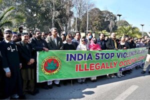Prime Minister AJK Chaudhry Anwar-ul-Haq along with Convener of All Parties Hurriyat Conference Azad Jammu and Kashmir (APHC-AJK) leading a protest demonstration in front of the Indian High Commission organized by All Parties Hurriyat Conference to observe the Indian Republic Day as Black Day