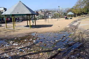 A view of stagnant drainage water in a local park near G-7 area in the Federal Capital, requiring attention from the concerned authorities.