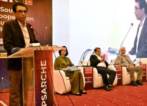 Federal Minister for Education and Professional Training Khalid Maqbool Siddiqui addresses the opening of the 3-day (PSARCHE) Conference, promoting regional cooperation in higher education across South Asia.