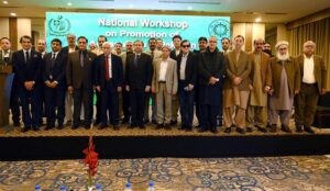 Federal Minister for Maritime Affairs Qaiser Ahmed Sheikh addresses the National Workshop on the Promotion of Aquaculture in Pakistan Ministry of Maritime Affairs at local hotel.