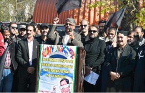Prime Minister AJK Chaudhry Anwar-ul-Haq addressing a protest demonstration in front of the Indian High Commission organized by All Parties Hurriyat Conference to observe the Indian Republic Day as Black Day