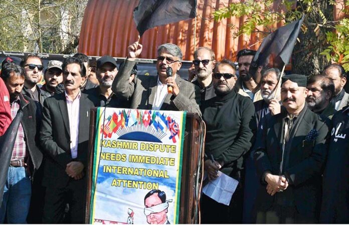 Prime Minister AJK Chaudhry Anwar-ul-Haq addressing a protest demonstration in front of the Indian High Commission organized by All Parties Hurriyat Conference to observe the Indian Republic Day as Black Day