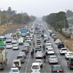 A view of the massive traffic jam on the Islamabad Expressway during the morning hours