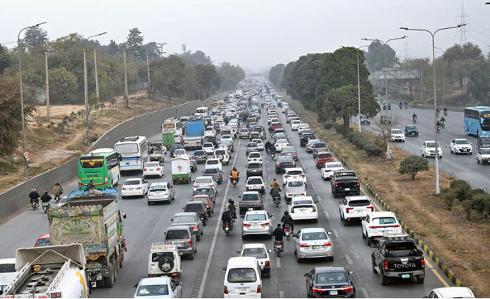 A view of the massive traffic jam on the Islamabad Expressway during the morning hours