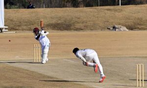 West Indies batter Mikyle Louis prepares for a powerful shot in response to Pakistan's strong bowling during the first Test match at Islamabad Club in federal capital.