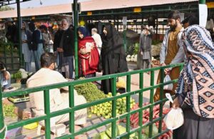 A vendor selling seasonal fruits at stall in weekly Sunday Bazaar Aabpara in Federal Capital