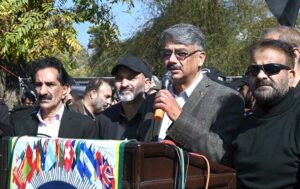 Prime Minister AJK Chaudhry Anwar-ul-Haq addressing a protest demonstration in front of the Indian High Commission organized by All Parties Hurriyat Conference to observe the Indian Republic Day as Black Day