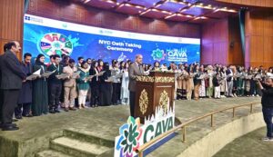 Prime Minister Muhammad Shehbaz Sharif administering oath to members of National Youth Council (NYC) at the inaugural session of the Commonwealth Asia Youth Alliance summit.