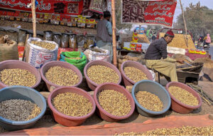 Vendor displaying peanuts to attract the customers at his roadside setup in the Federal Capital