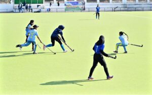 Winning players of Lahore board hockey team lifting trophy after hockey match between Mardan and Lahore Boards the Inter-Board Girls Gala organized by the Federal Board of Intermediate and Secondary Education at Naseer Bunda Hockey Stadium Pakistan Sports Board.