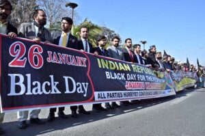 Prime Minister AJK Chaudhry Anwar-ul-Haq along with Convener of All Parties Hurriyat Conference Azad Jammu and Kashmir (APHC-AJK) leading a protest demonstration in front of the Indian High Commission organized by All Parties Hurriyat Conference to observe the Indian Republic Day as Black Day