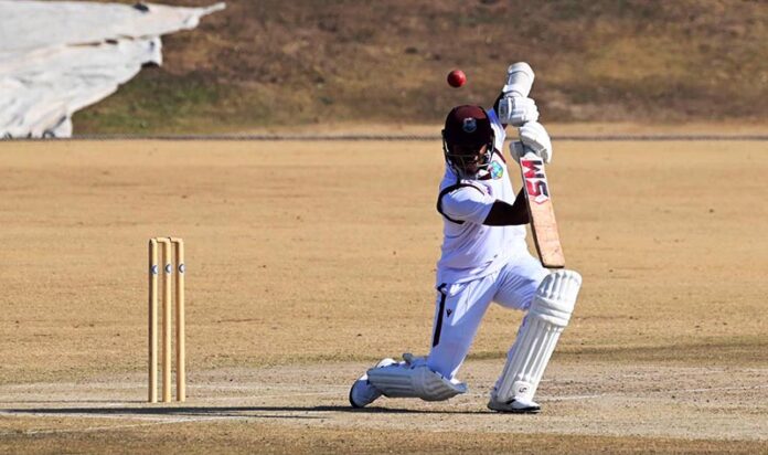 West Indies' batter Keacy Carty plays a strikes during the first Test cricket match against Pakistan at Islamabad Club in federal capital