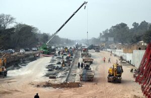 Laboures busy in construction work of Serena Chowk Interchange Project during development work in the Federal Capital.
