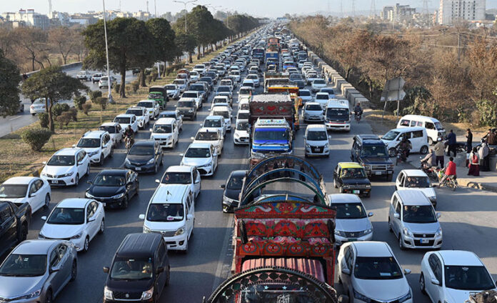 A view of massive traffic jam at Expressway in the Federal Capital