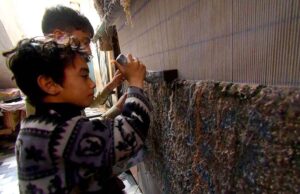 Children skillfully knitting carpets at their workplace at Afghan Colony.