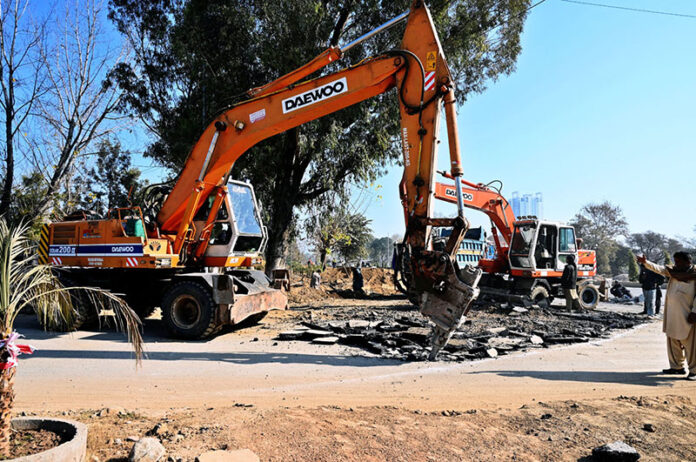 Heavy machinery being used for construction work of Serena Chowk Underpass Project during development work in Federal Capital