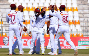 Pakistan's Babar Azam clean bowled by West Indies' Gudakesh Motie during the first day of the second Test cricket match between Pakistan and West Indies at the Multan Cricket Stadium