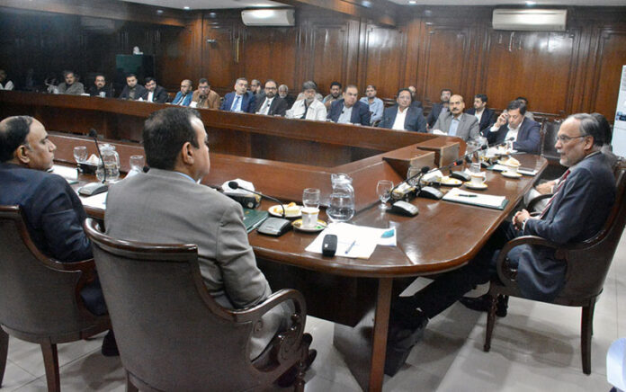 Federal Minister for Planning, Development & Special Initiatives,Ahsan Iqbal and Sindh Minister for Energy,Syed Nasir Hussain Shah presiding over a meeting regarding federally -funded PSDP projects at the Sindh Secretariat