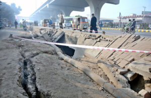 A view of the damaged roadside footpath along General Bus Stand Road needs the attention of the concerned authorities.