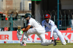 Pakistan's Babar Azam clean bowled by West Indies' Gudakesh Motie during the first day of the second Test cricket match between Pakistan and West Indies at the Multan Cricket Stadium