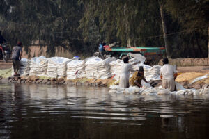 Labourers are busy washing empty plastic bags in the canal.