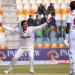 Pakistani bowler Noman Ali appeals for LBW against West Indies' batsman Amir Jangoo during the 2nd day of the second Test cricket match between Pakistan and West Indies at the Multan Cricket Stadium