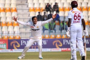 Pakistani bowler Noman Ali appeals for LBW against West Indies' batsman Amir Jangoo during the 2nd day of the second Test cricket match between Pakistan and West Indies at the Multan Cricket Stadium