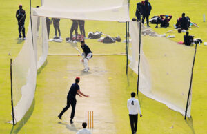 West Indies players attend a practice session ahead of the second Test Cricket Match against Pakistan at Multan Cricket Stadium.