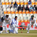West Indies' Gudakesh Motie plays a shot during the first day of the second Test cricket match between Pakistan and West Indies at the Multan Cricket Stadium