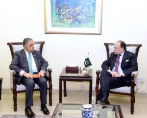 Federal Minister for Finance and Revenue Senator Muhammad Aurangzeb meets with Rizwan Saeed Sheikh, Ambassador of Pakistan to the United States of America, who called on the Minister at Finance Division.