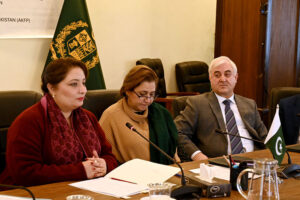 Coordinator to PM for Climate Change, Romina Khurshid Alam witnessing signing ceremony of Letter of Understanding (LoU) as Secretary MoCC, Aisha Humera Moriani and CEO of AKF in Pakistan Akhtar Iqbal are signing LoU.