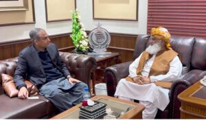 Federal Minister for Interior Mohsin Naqvi in a meeting with JUI-F Chief Maulana Fazal ur Rehman in federal capital.