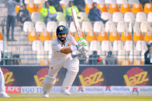 Pakistan's Muhammad Rizwan plays a shot during the second day of the first Test cricket match between Pakistan and West Indies at the Multan Cricket Stadium