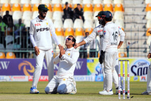West Indies' Gudakesh Motie plays a shot during the first day of the second Test cricket match between Pakistan and West Indies at the Multan Cricket Stadium