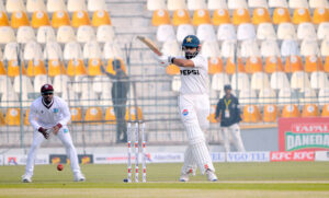 Pakistan's Muhammad Rizwan plays a shot during the second day of the first Test cricket match between Pakistan and West Indies at the Multan Cricket Stadium