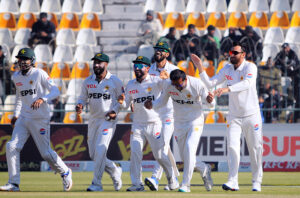 West Indies' Gudakesh Motie plays a shot during the first day of the second Test cricket match between Pakistan and West Indies at the Multan Cricket Stadium