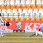 Pakistani wicketkeeper Mohammad Rizwan stumps out West Indies' captain Kraigg Brathwaite during the 2nd day of the second Test cricket match between Pakistan and West Indies at the Multan Cricket Stadium