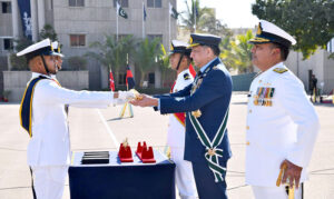 Chief of the Air Staff, Air Chief Marshal Zaheer Ahmed Babar Sidhu along with Chief of the Naval Staff Admiral Naveed Ashraf in a group photo during the 122nd Midshipmen and 30th SSC Course Commissioning Parade at Pakistan Naval Academy Manora.